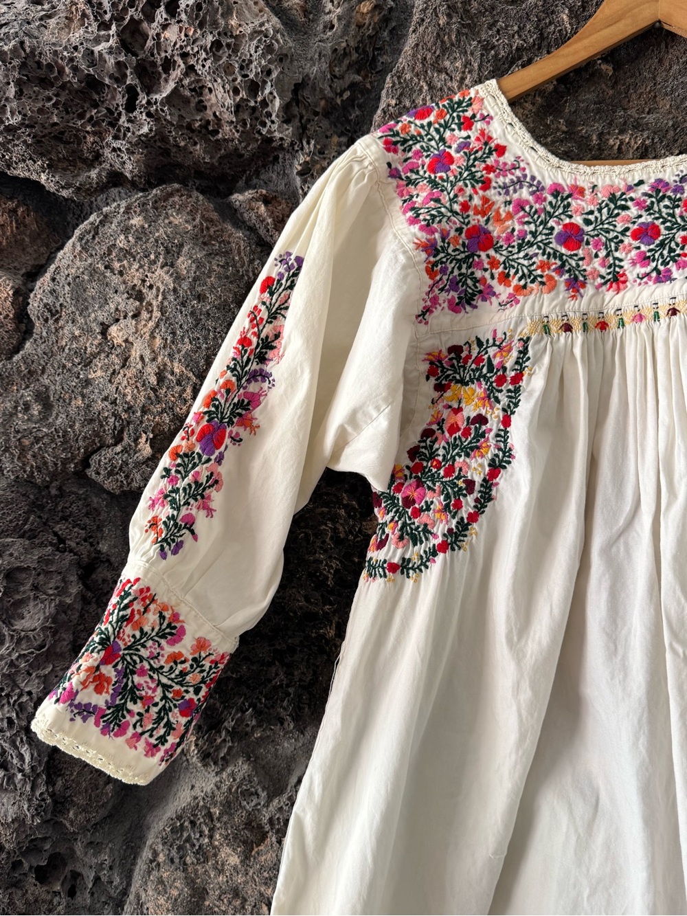 Vintage 60s 70s Cotton Oaxacan Maxi Dress w/ Colorful Floral Hand-Embroidery Med - Picture 5 of 16